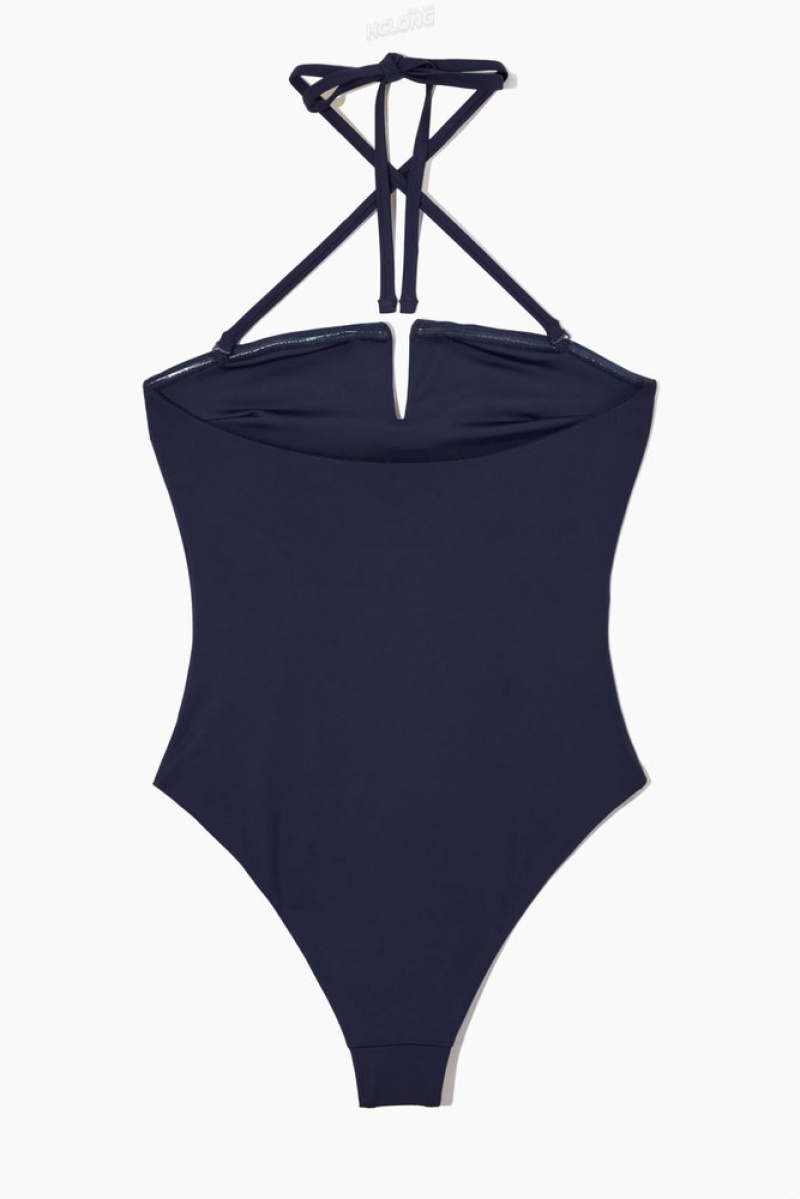 COS Halterneck Bandeau Swimsuit Women's Swimwear Navy | FH78-D9FU