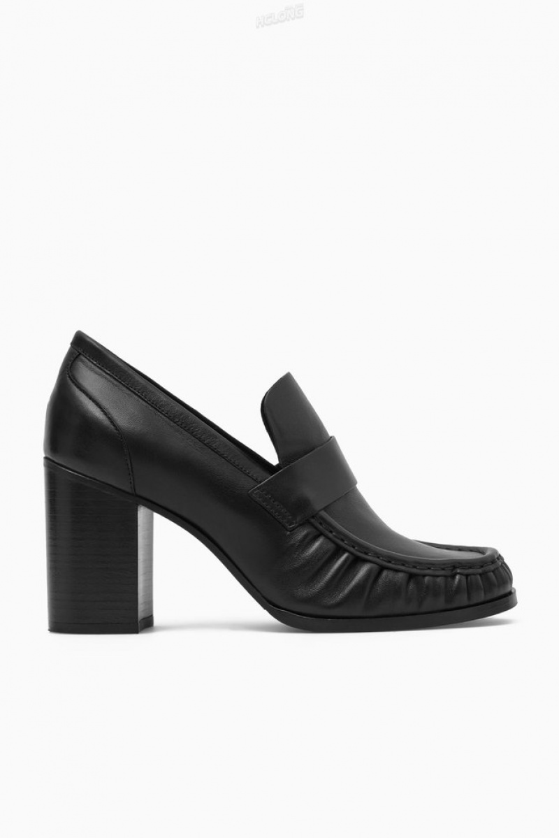 COS Heeled Leather Loafers Women's Loafers Black | RR00-P3ZG