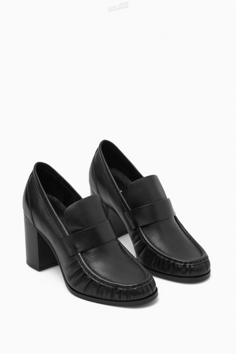 COS Heeled Leather Loafers Women's Loafers Black | RR00-P3ZG