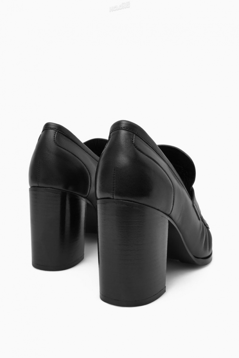 COS Heeled Leather Loafers Women's Loafers Black | RR00-P3ZG