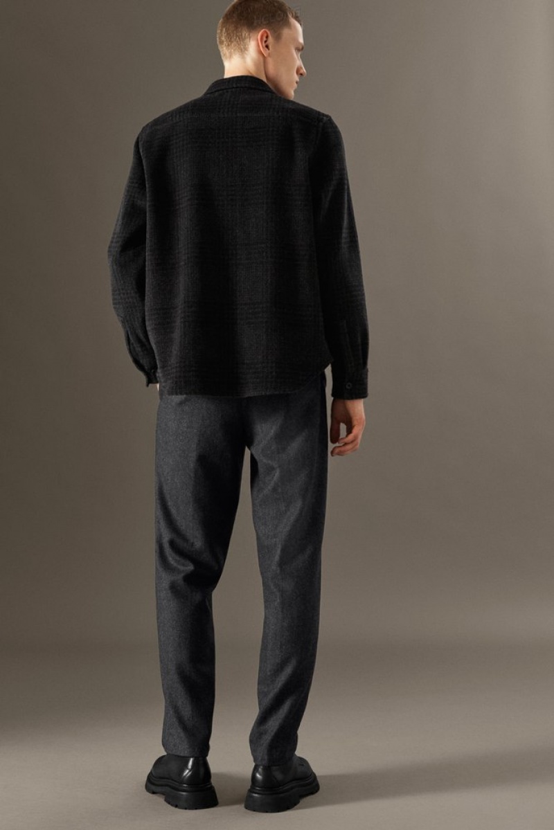 COS Herringbone Wool Trousers - Straight Men's Trousers Dark Grey / Herringbone | UI70-D4QX