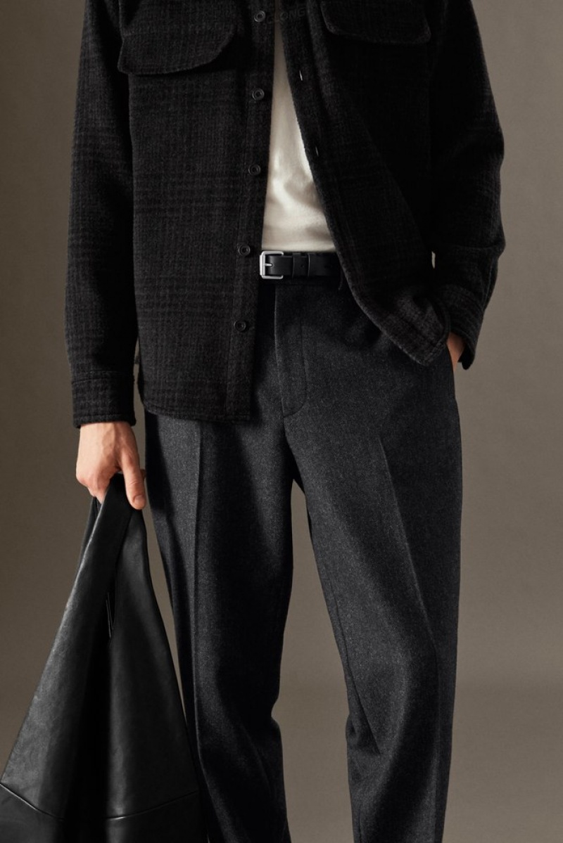 COS Herringbone Wool Trousers - Straight Men's Trousers Dark Grey / Herringbone | UI70-D4QX