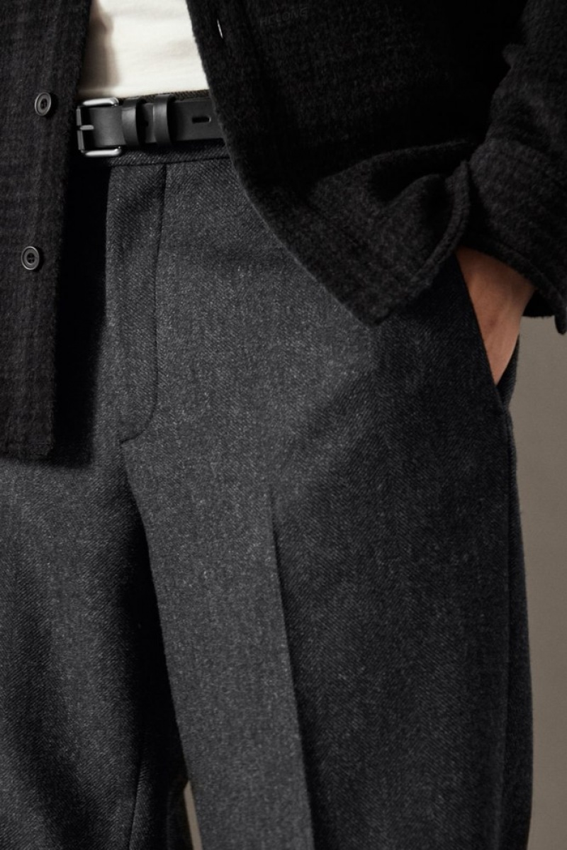 COS Herringbone Wool Trousers - Straight Men's Trousers Dark Grey / Herringbone | UI70-D4QX