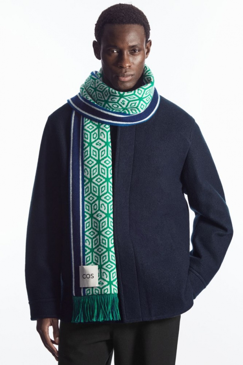 COS Jacquard-Knit Wool Football Scarf Men's Scarves Green / Geometric | CX79-R4MY