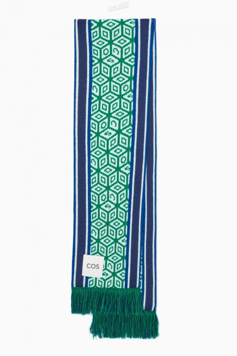 COS Jacquard-Knit Wool Football Scarf Men's Scarves Green / Geometric | CX79-R4MY