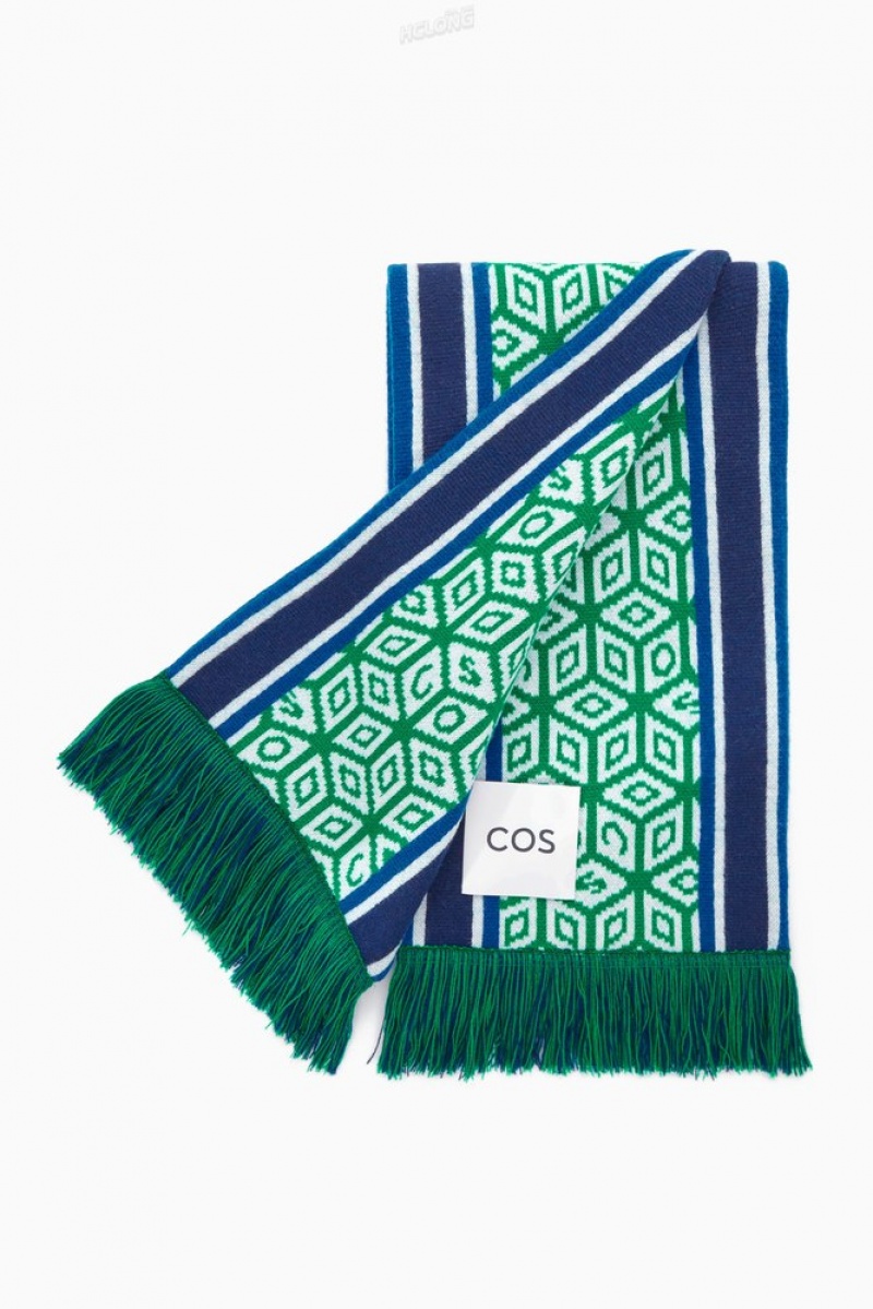 COS Jacquard-Knit Wool Football Scarf Men's Scarves Green / Geometric | CX79-R4MY