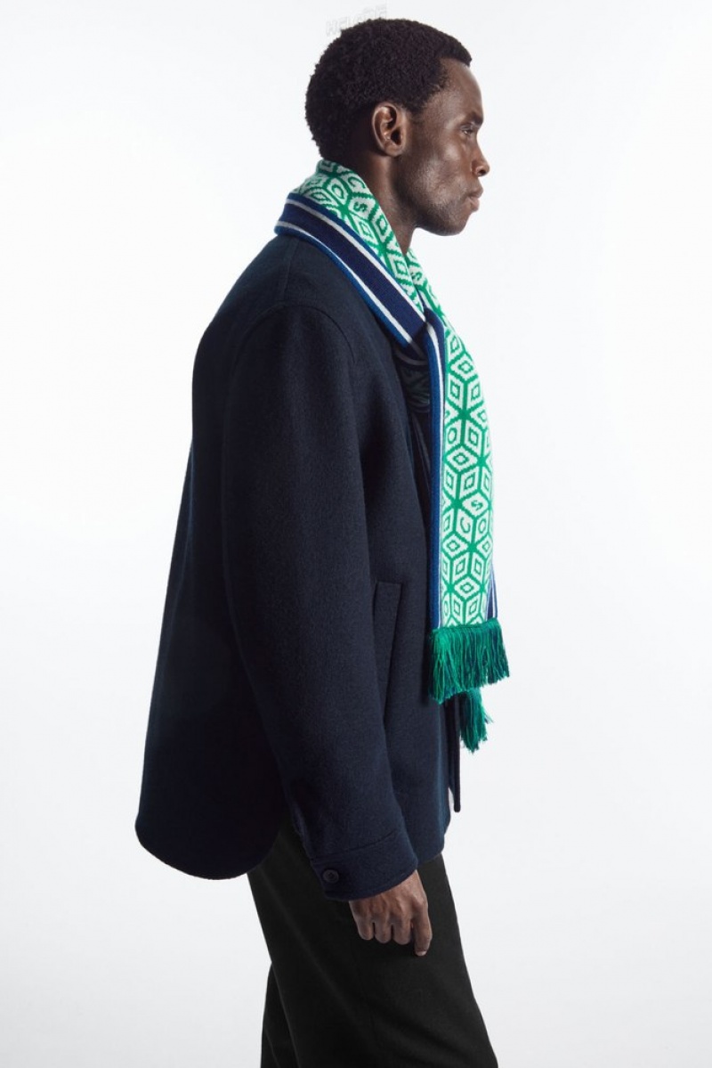 COS Jacquard-Knit Wool Football Scarf Men\'s Scarves Green / Geometric | CX79-R4MY