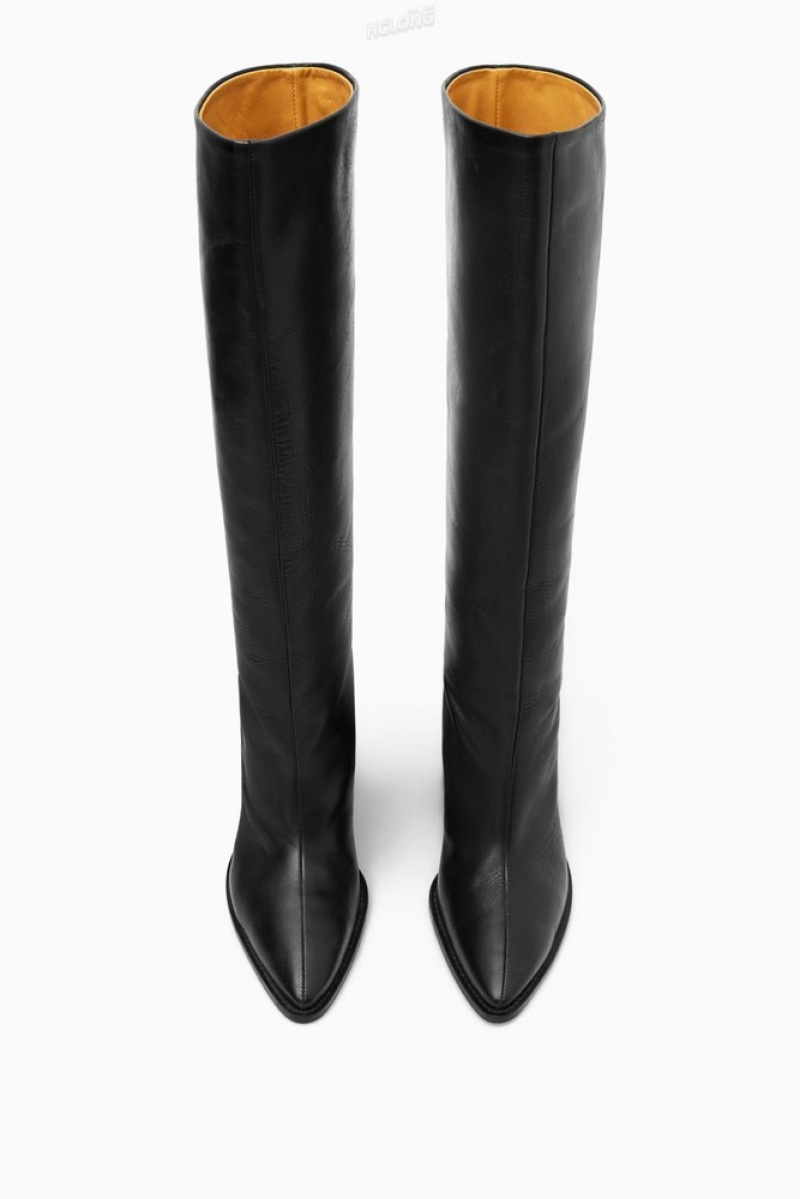 COS Knee-High Pointed Leather Boots Women's Boots Black | QK66-J5QY