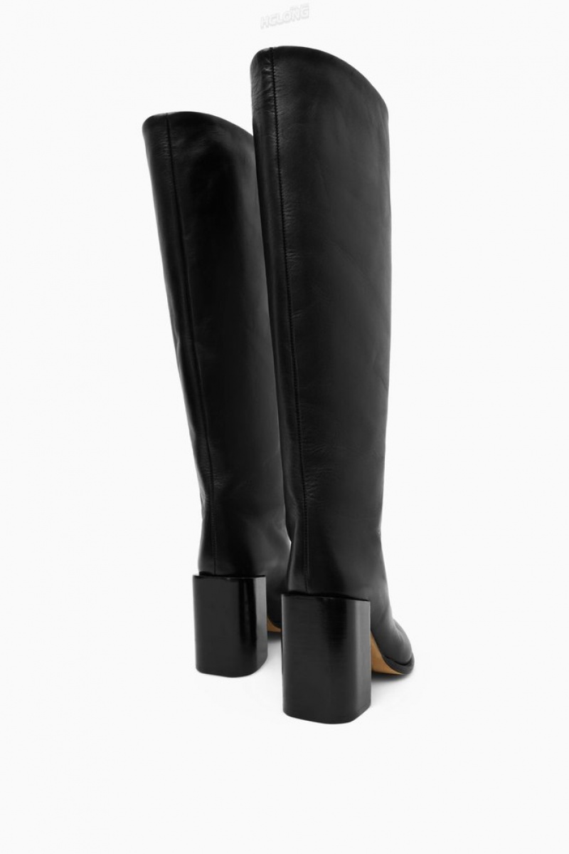 COS Knee-High Pointed Leather Boots Women's Boots Black | QK66-J5QY