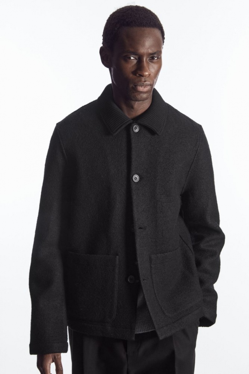 COS Knitted-Collar Workwear Jacket Men's Shirts Black | EO14-D2XM