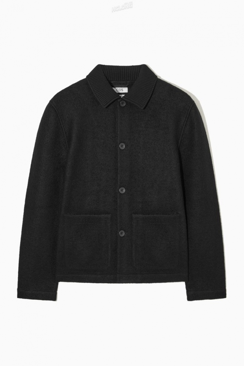 COS Knitted-Collar Workwear Jacket Men's Shirts Black | EO14-D2XM