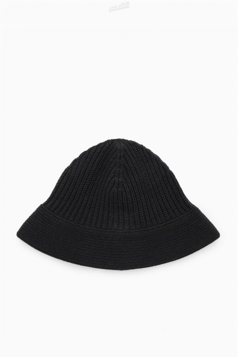 COS Knitted Merino Wool Bucket Hat Men's Hats Black | DG66-H7NK