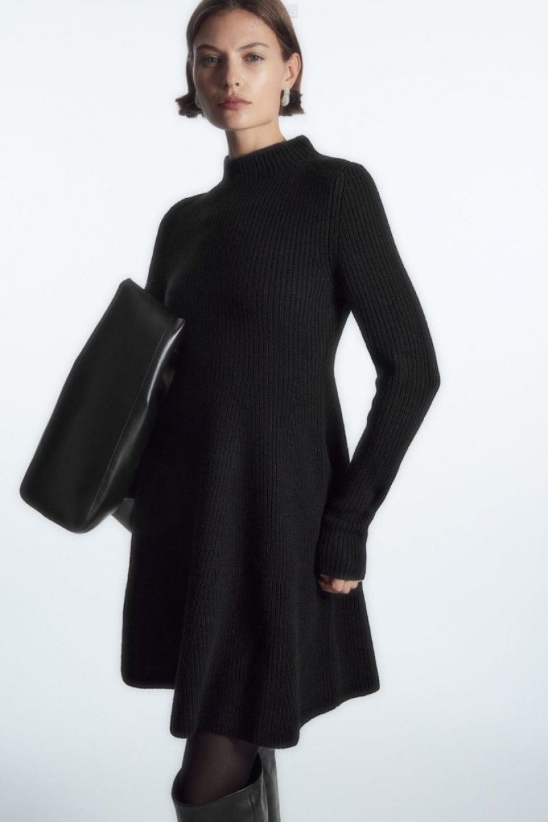 COS Knitted Wool Flared Mini Dress Women's Dresses Black | VL35-L2UD