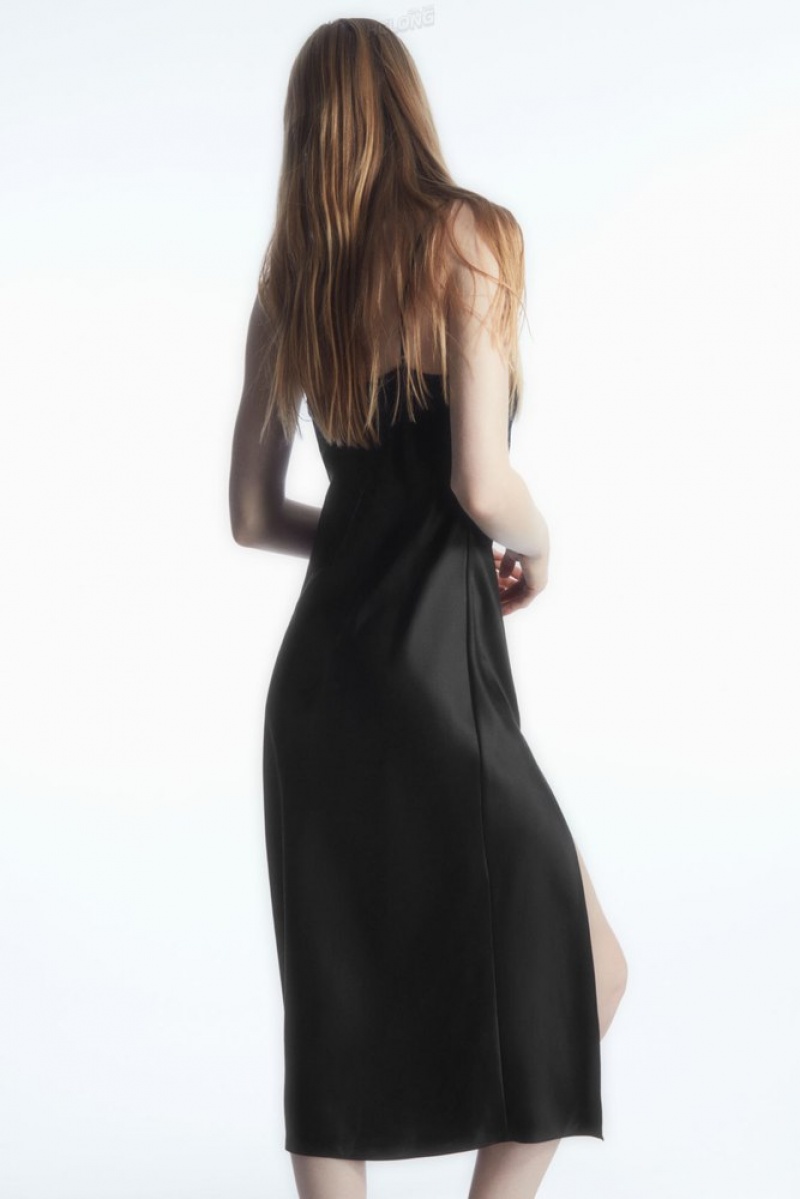 COS Lace-Paneled Silk Slip Dress Women's Dresses Black | GK57-C7JN