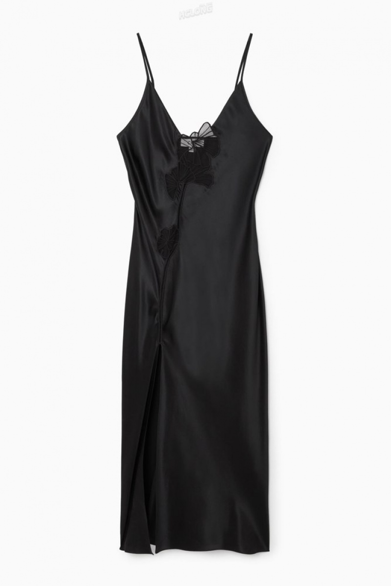 COS Lace-Paneled Silk Slip Dress Women's Dresses Black | GK57-C7JN