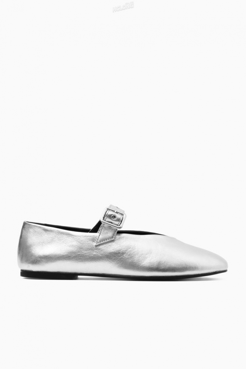 COS Leather Mary-Jane Flats Women's Flats Silver | UJ73-P8AA