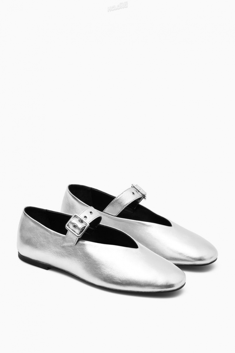 COS Leather Mary-Jane Flats Women's Flats Silver | UJ73-P8AA