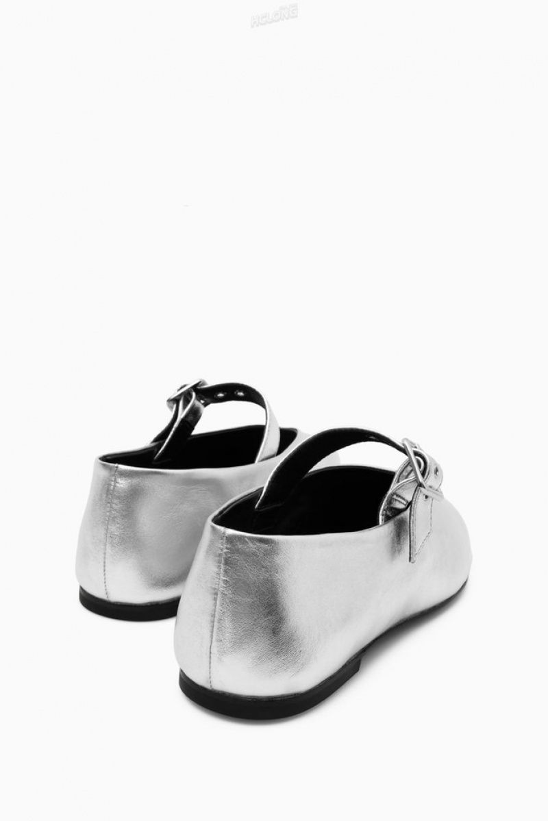 COS Leather Mary-Jane Flats Women's Flats Silver | UJ73-P8AA