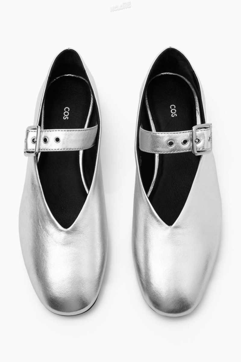 COS Leather Mary-Jane Flats Women's Flats Silver | UJ73-P8AA