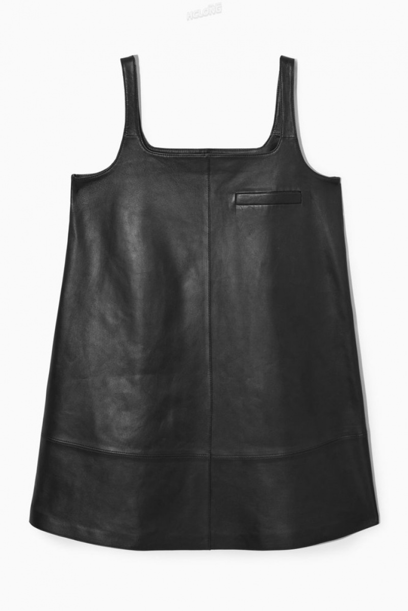 COS Leather Mini Pinafore Dress Women's Dresses Black | ZY99-A2DT