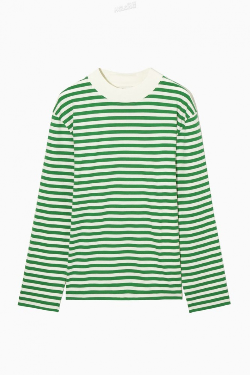 COS Long-Sleeved Mock-Neck T-Shirt Women's T-shirts Green / Striped | BG81-U2XK