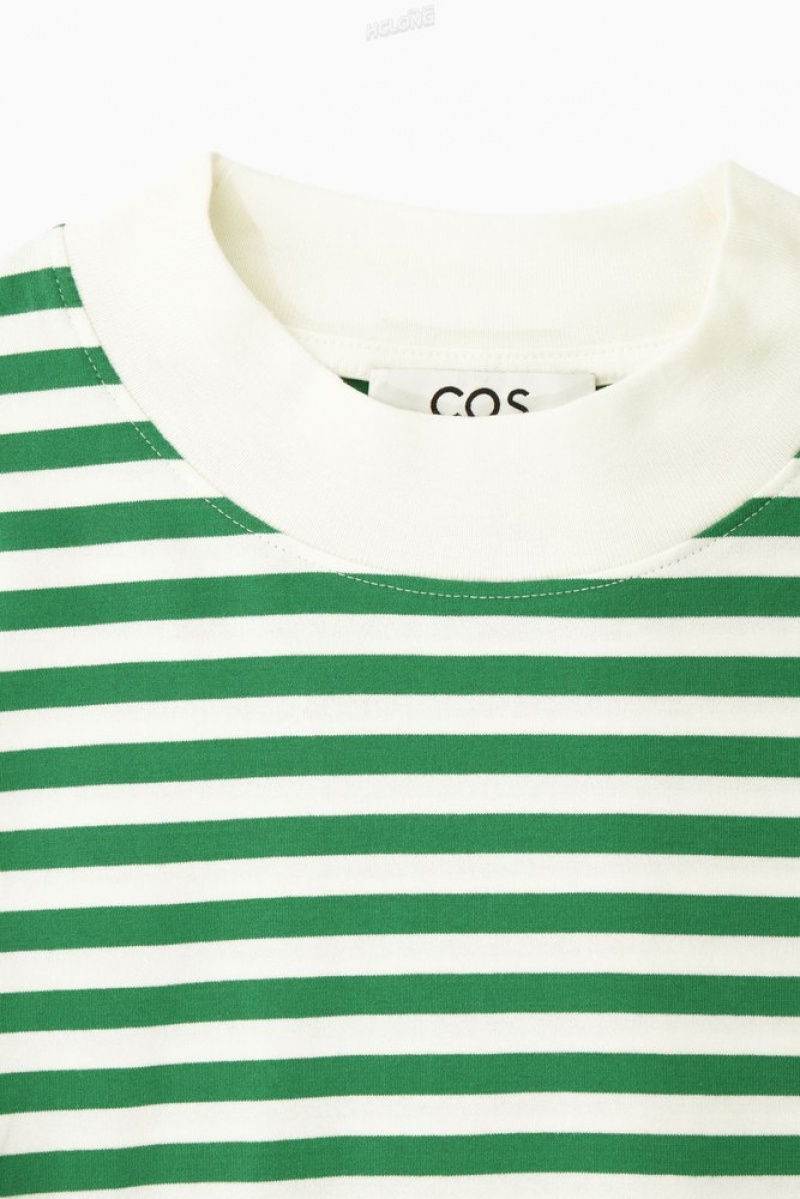 COS Long-Sleeved Mock-Neck T-Shirt Women's T-shirts Green / Striped | BG81-U2XK