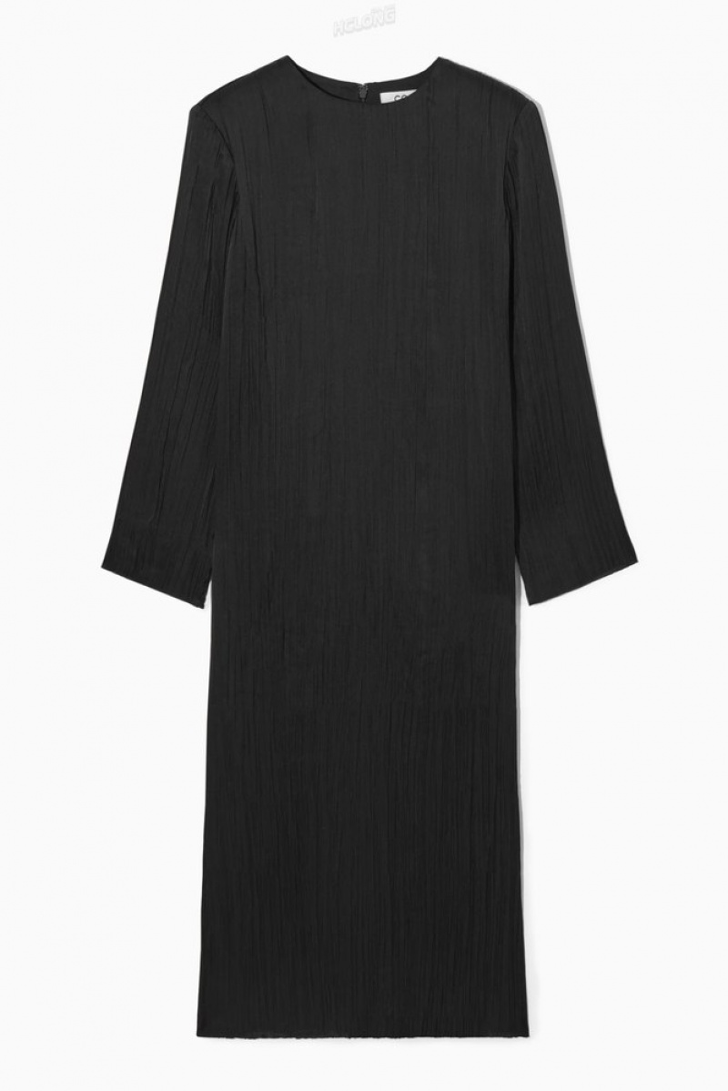 COS Long-Sleeved Plissé Midi Dress Women's Dresses Black | CA58-M1EO