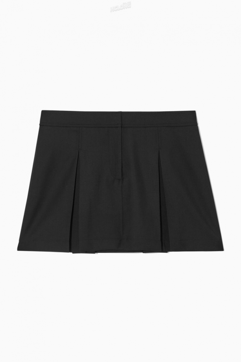 COS Low-Rise Pleated Wool Mini Skirt Women's Skirts Black | LG96-E0BS