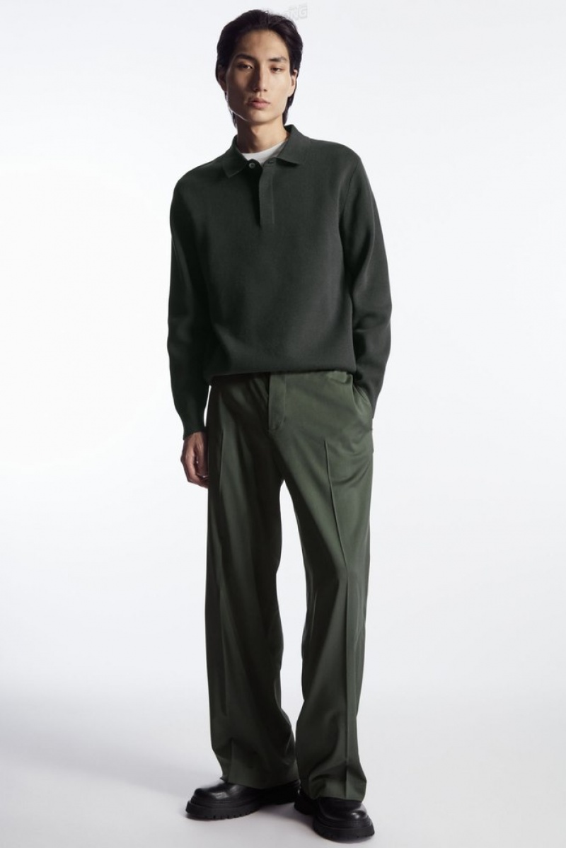 COS Minimal Knitted Polo Shirt Men's Knitwear Dark Green | GC51-W1IJ