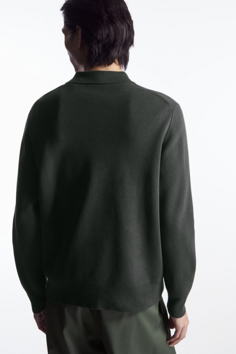 COS Minimal Knitted Polo Shirt Men's Knitwear Dark Green | GC51-W1IJ