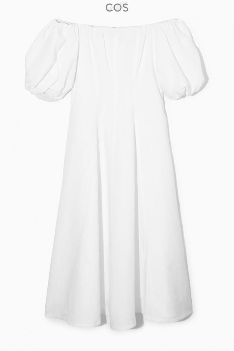 COS Off-The-Shoulder Puff-Sleeve Midi Dress Women's Dresses White | XX39-C9XB