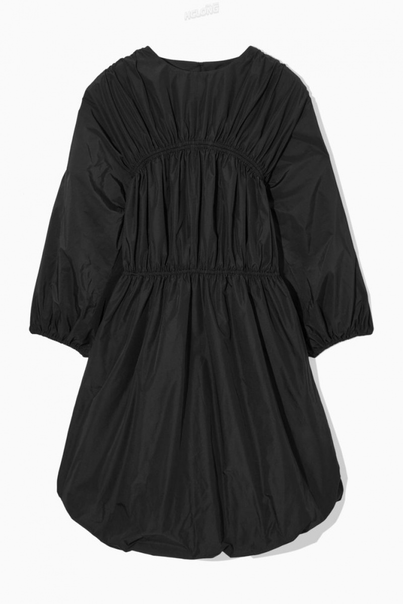 COS Open-Back Shirred Balloon Mini Dress Women's Dresses Black | OM44-X0ZG