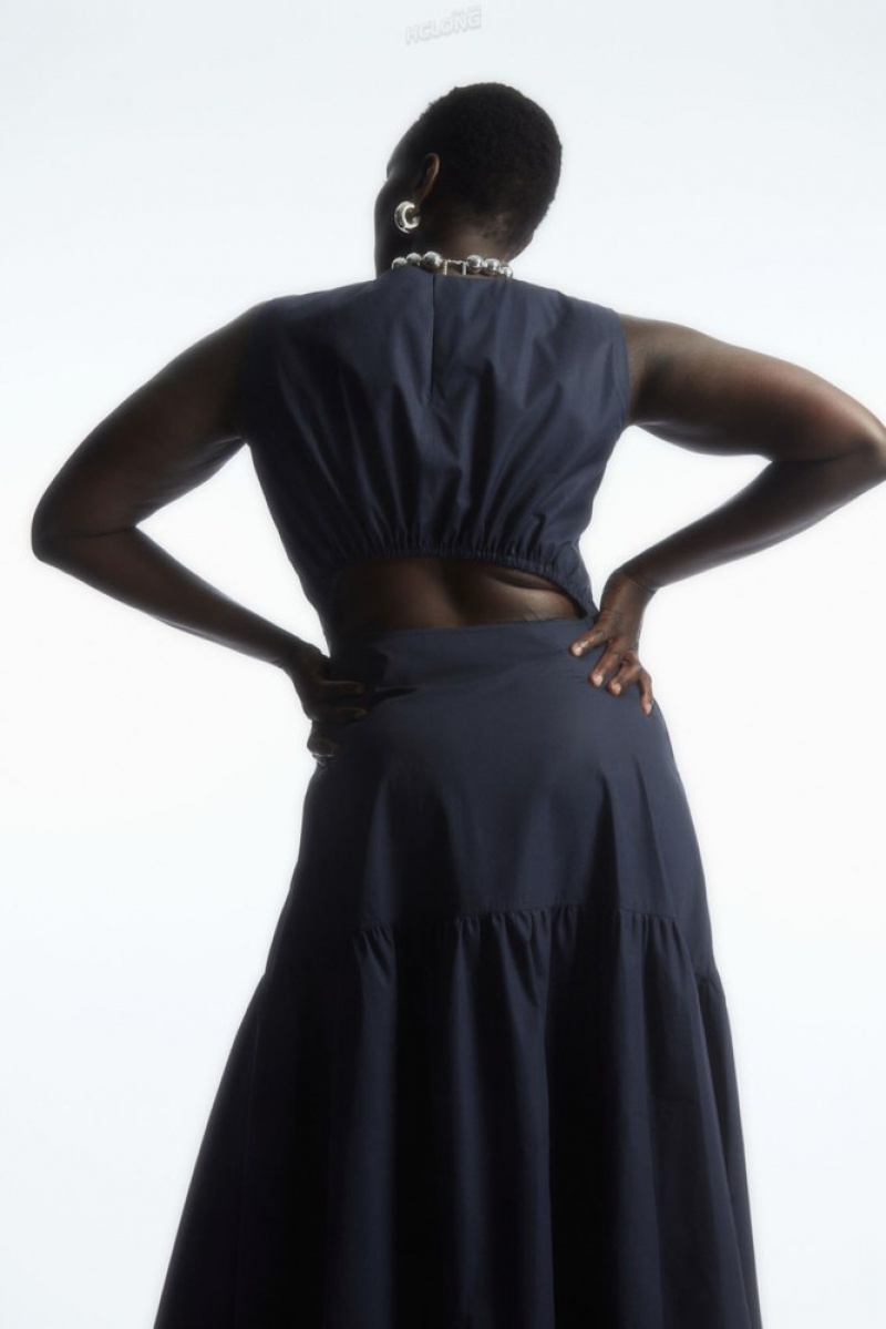 COS Open-Back Tiered Dress Women's Dresses Navy | PF15-R9FG