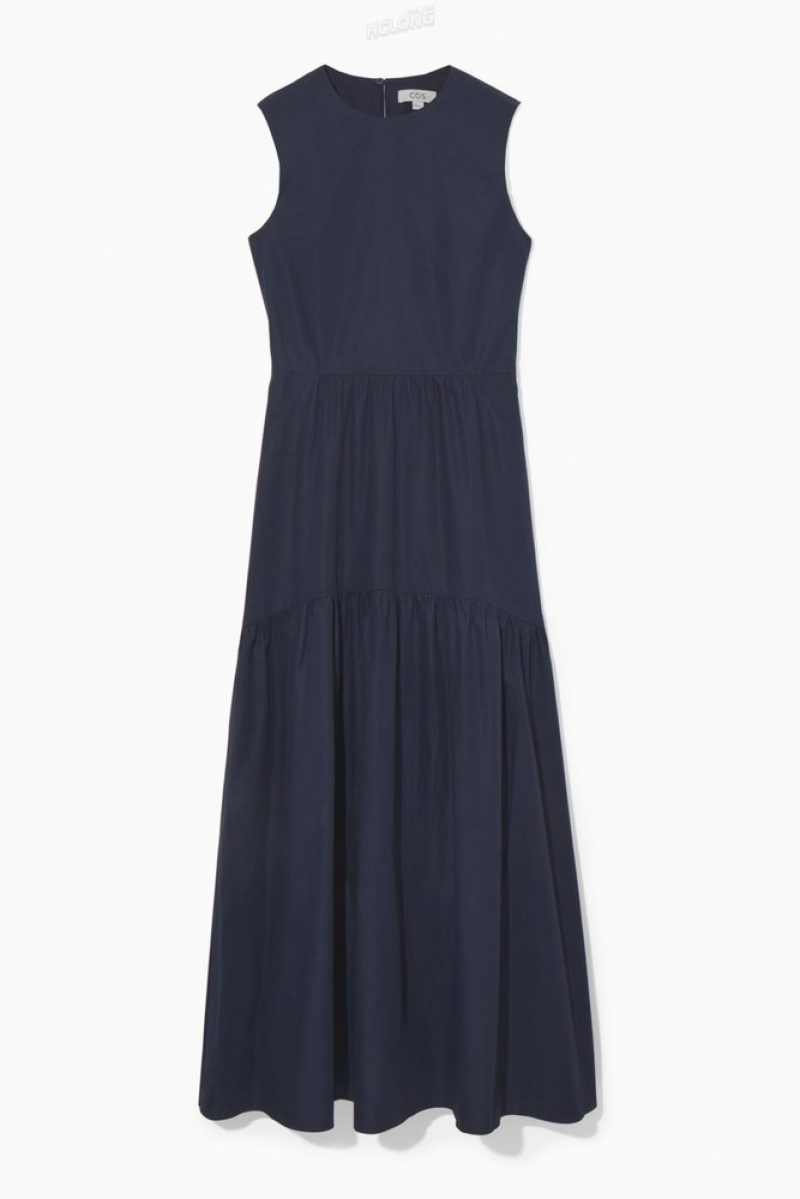 COS Open-Back Tiered Dress Women's Dresses Navy | PF15-R9FG