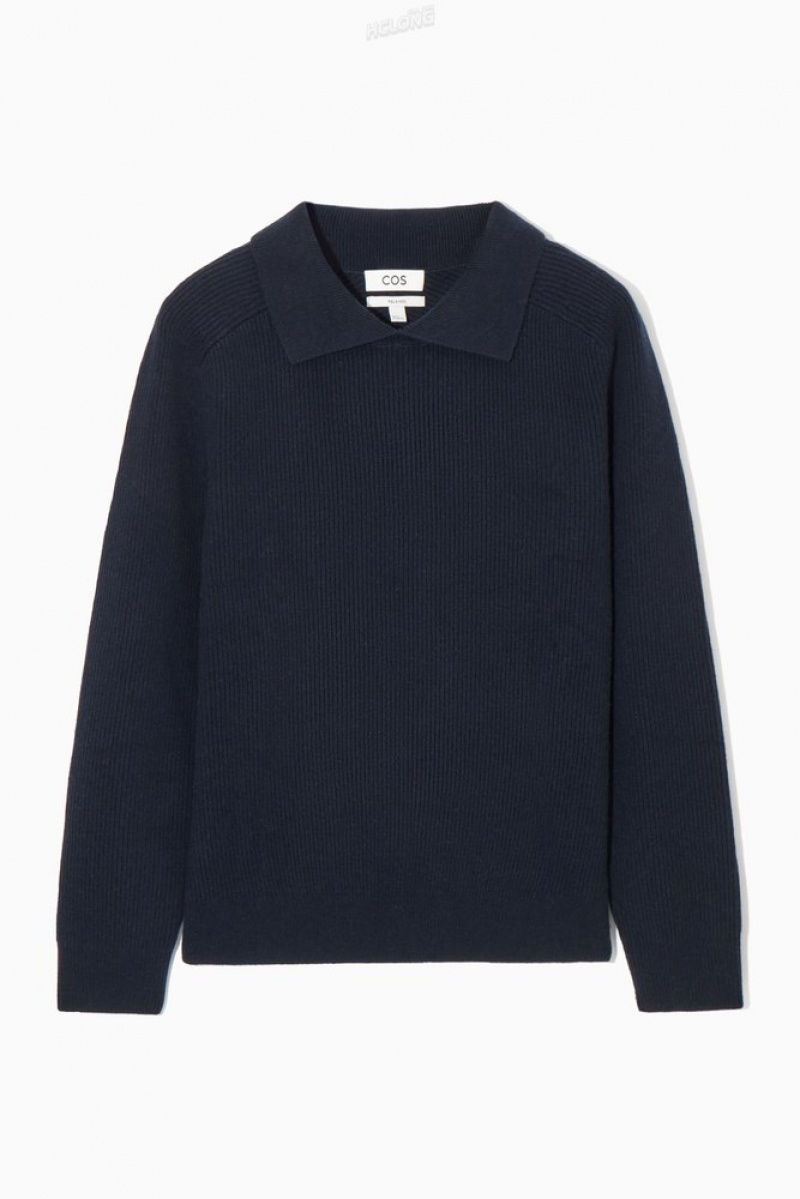 COS Open-Collar Wool And Cashmere Polo Shirt Men's Knitwear Navy | VQ14-V3HF