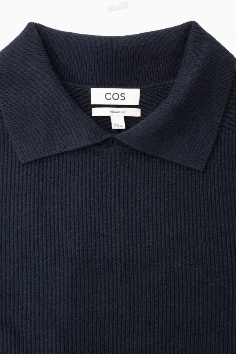 COS Open-Collar Wool And Cashmere Polo Shirt Men's Knitwear Navy | VQ14-V3HF