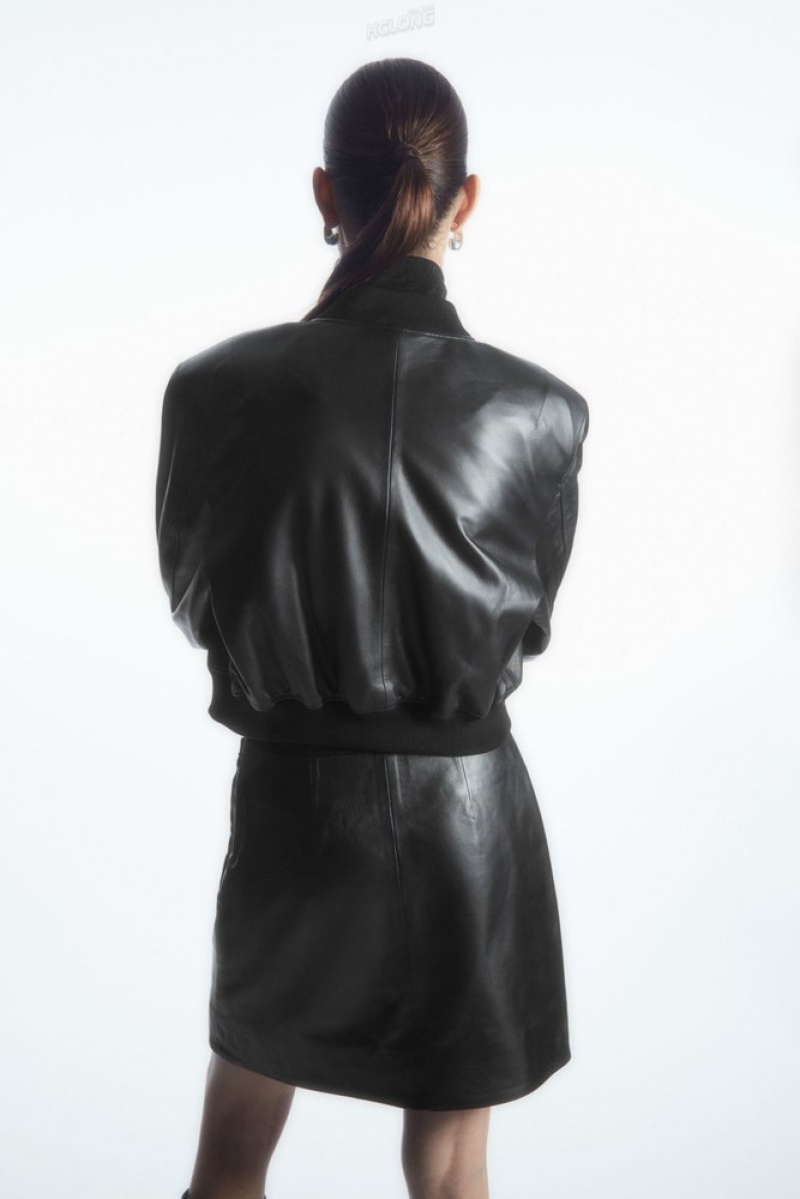 COS Oversized AppliquéD Leather Bomber Jacket Women's Coats & Jackets Black | EE83-O6PI