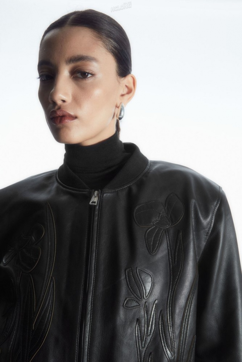 COS Oversized AppliquéD Leather Bomber Jacket Women's Coats & Jackets Black | EE83-O6PI