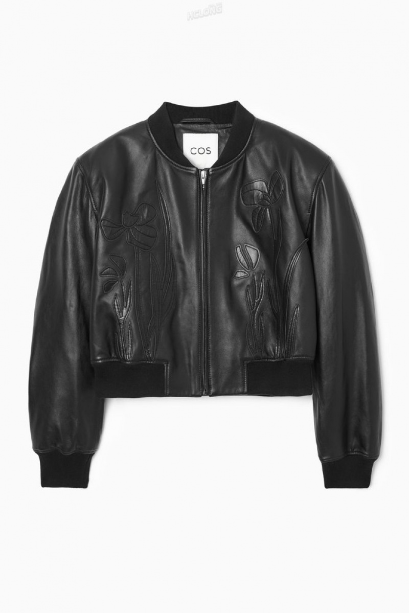 COS Oversized AppliquéD Leather Bomber Jacket Women's Coats & Jackets Black | EE83-O6PI