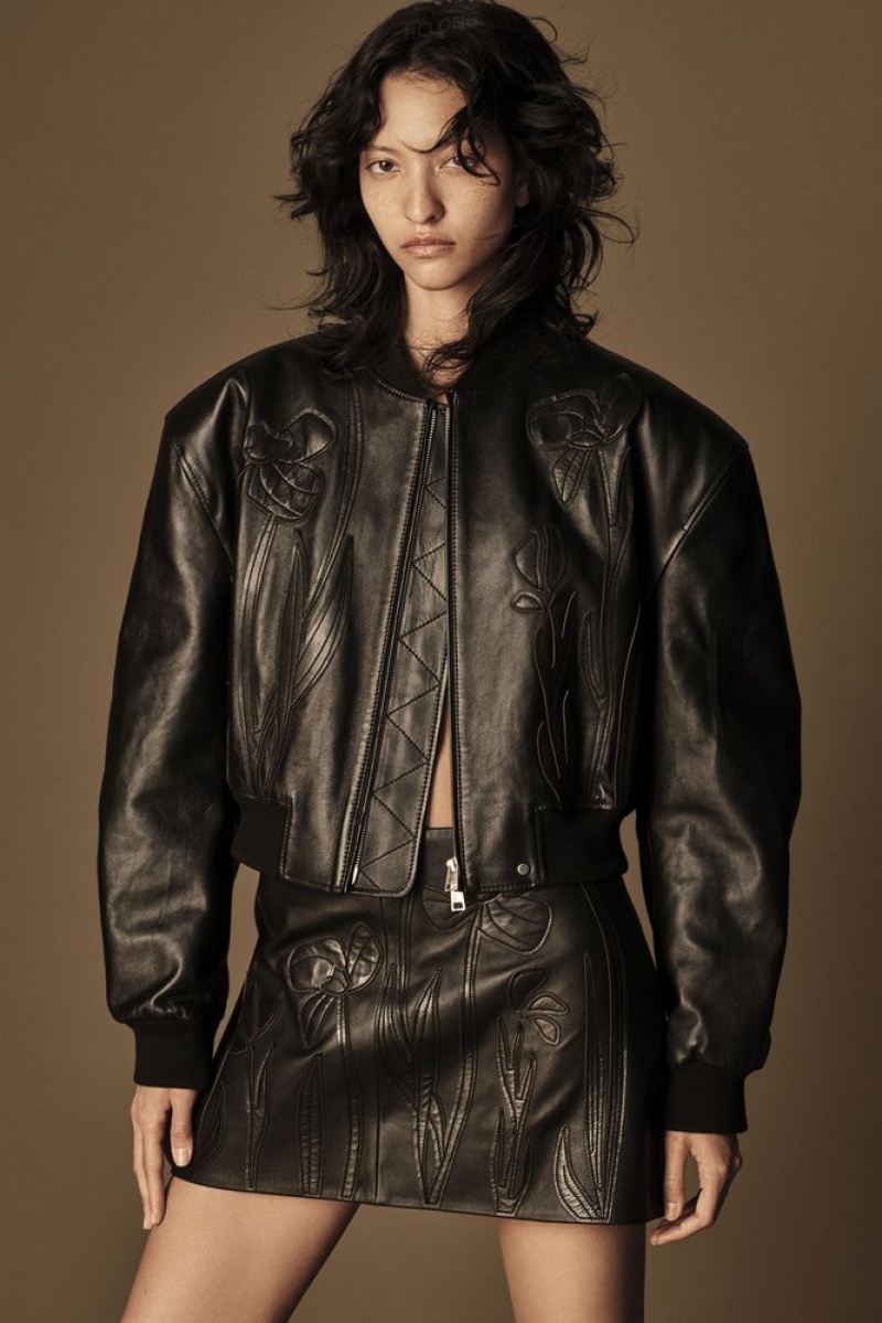 COS Oversized AppliquéD Leather Bomber Jacket Women's Coats & Jackets Black | EE83-O6PI