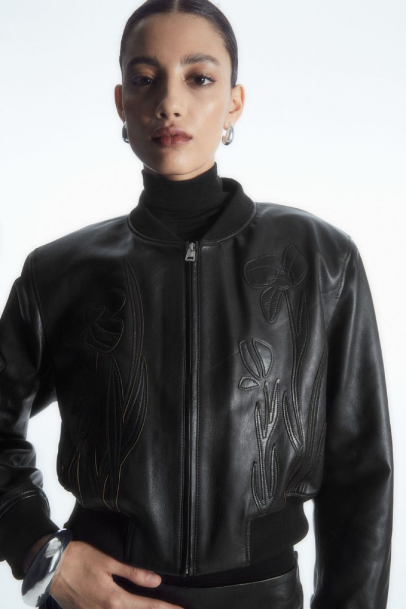 COS Oversized AppliquéD Leather Bomber Jacket Women\'s Coats & Jackets Black | EE83-O6PI