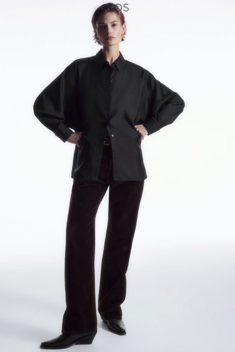 COS Oversized Batwing-Sleeve Silk Shirt Women's Shirts & Blouses Black | AS44-D9YN