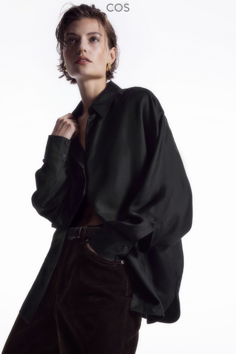 COS Oversized Batwing-Sleeve Silk Shirt Women's Shirts & Blouses Black | AS44-D9YN