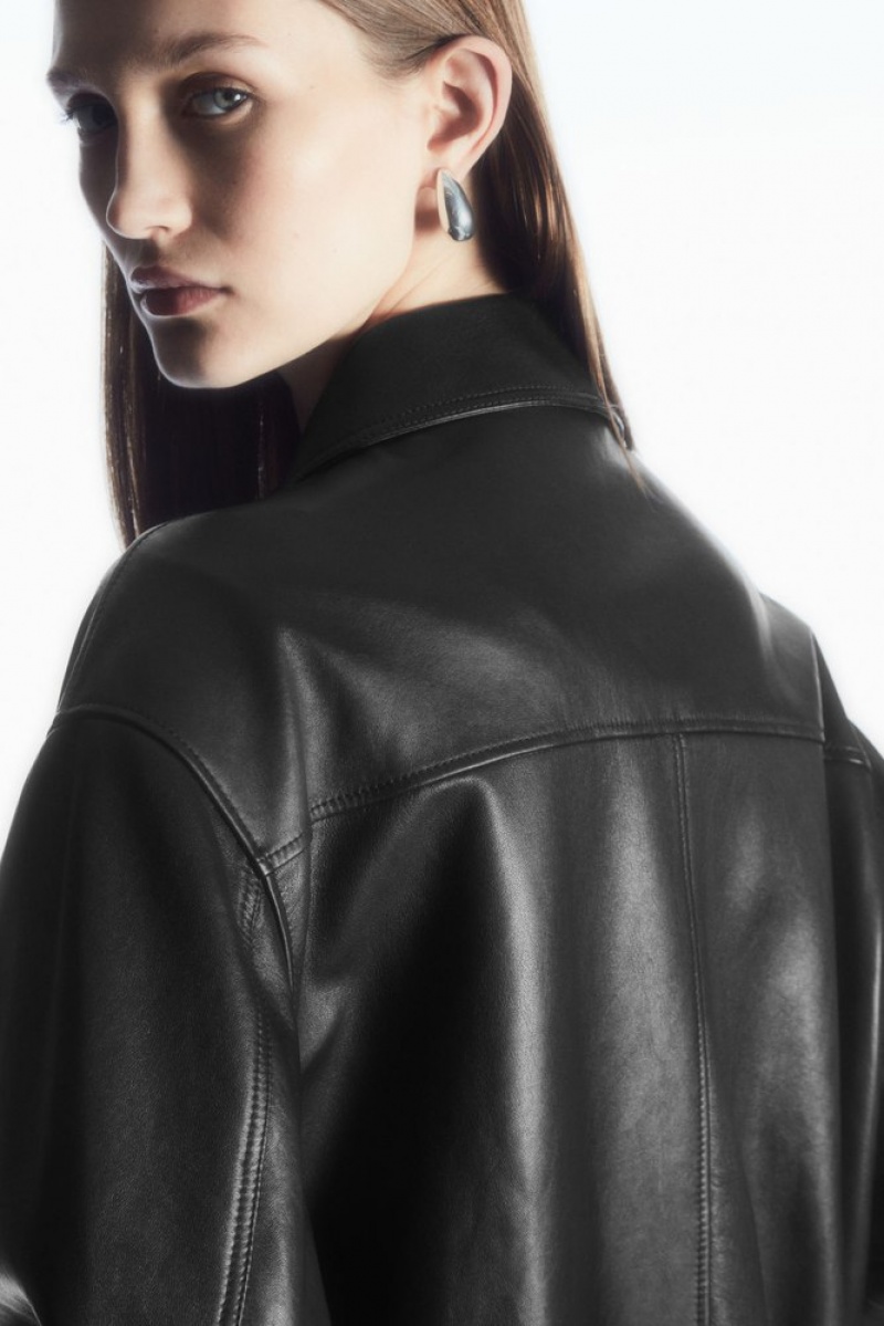 COS Oversized Collared Leather Jacket Women's Coats & Jackets Black | DT39-R3SG