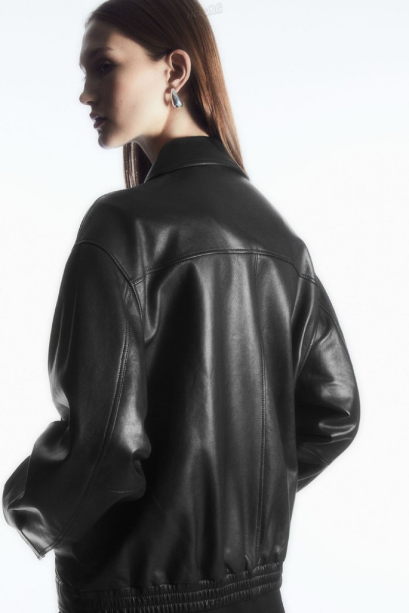 COS Oversized Collared Leather Jacket Women's Coats & Jackets Black | DT39-R3SG