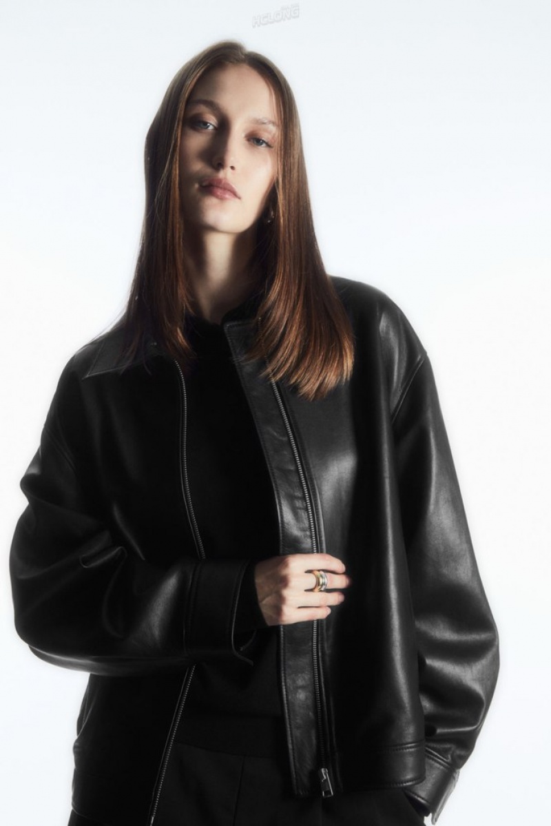 COS Oversized Collared Leather Jacket Women's Coats & Jackets Black | DT39-R3SG