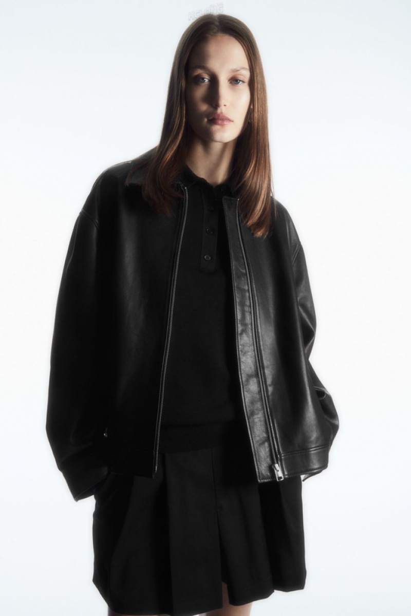 COS Oversized Collared Leather Jacket Women's Coats & Jackets Black | DT39-R3SG