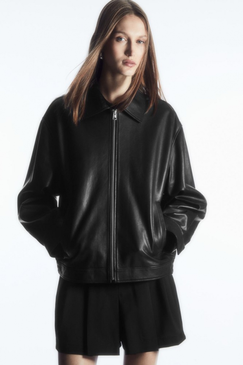 COS Oversized Collared Leather Jacket Women's Coats & Jackets Black | DT39-R3SG