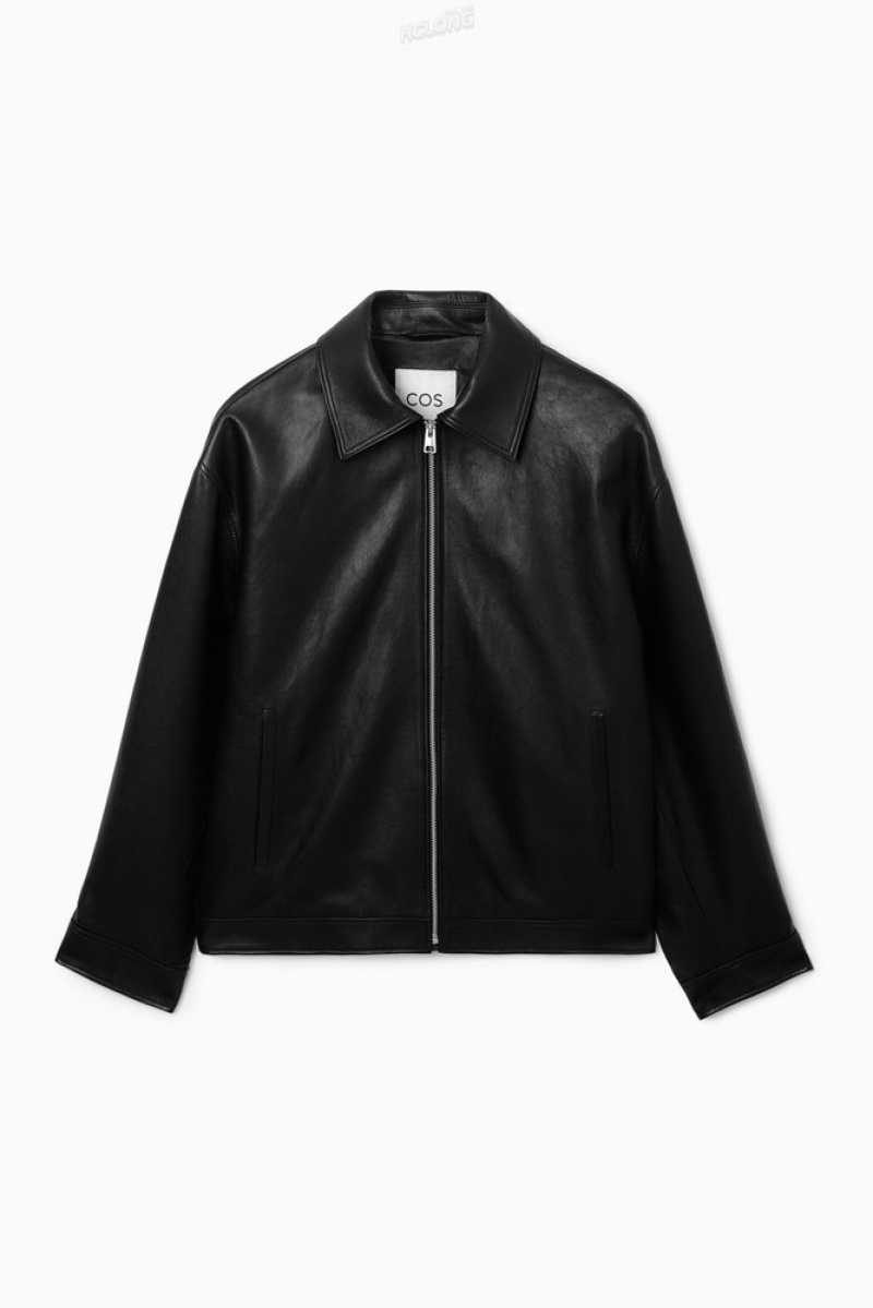 COS Oversized Collared Leather Jacket Women's Coats & Jackets Black | DT39-R3SG