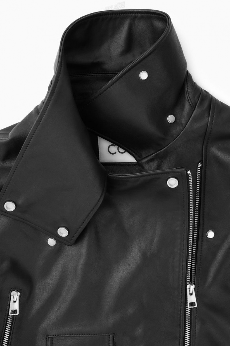 COS Oversized Cropped Leather Biker Jacket Women's Coats & Jackets Black | CZ47-T9XT